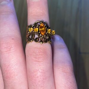 Elegant Gold Filigree Ring with Amber Stones